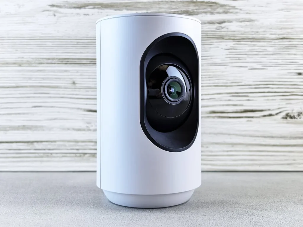 Modern white indoor smart security camera — best security cameras 2026 UK