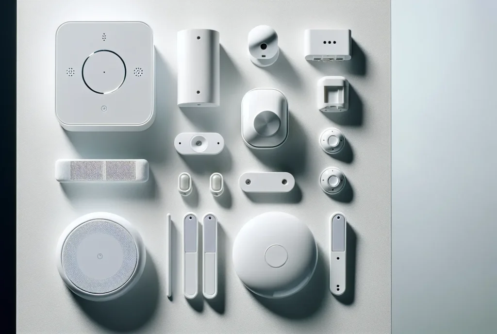 Smart home alarm kit components including hub sensors and siren arranged on white surface