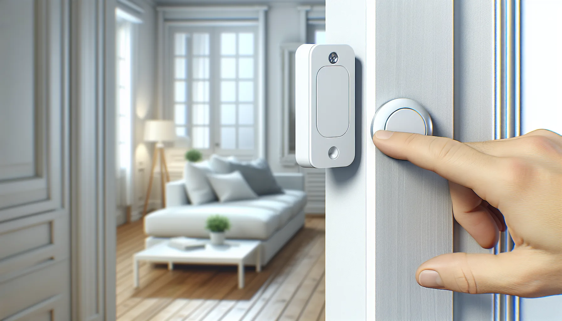 Wireless door contact sensor installed on white door frame