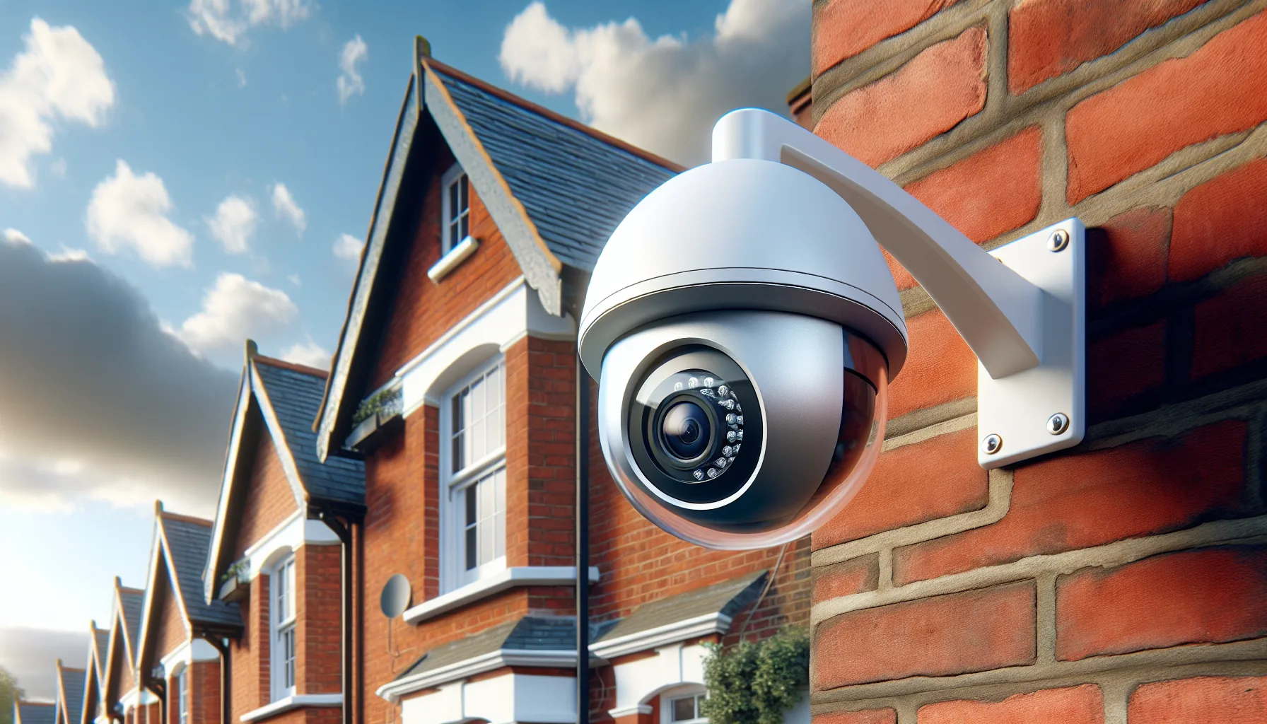 White security camera mounted on a red brick house wall