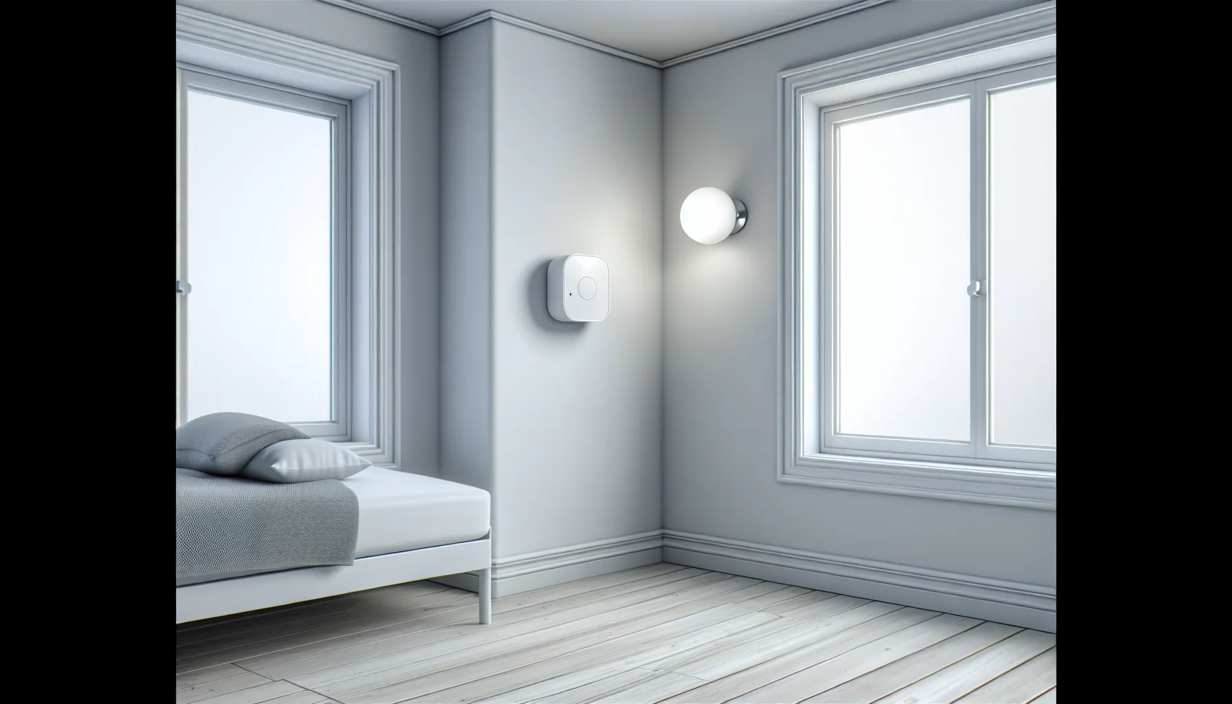 PIR motion sensor mounted in corner of room near ceiling