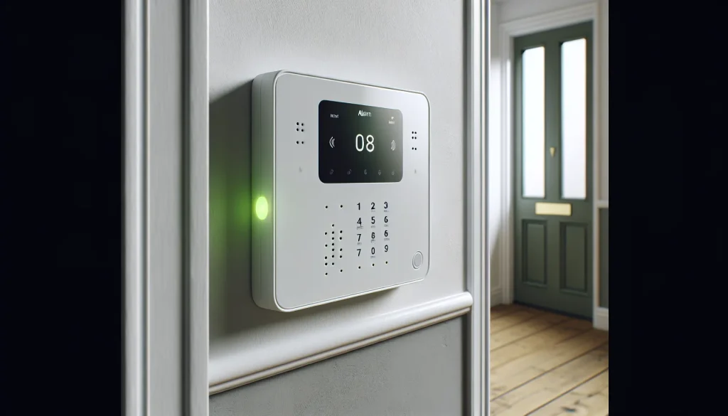 Smart alarm keypad mounted on hallway wall beside front door