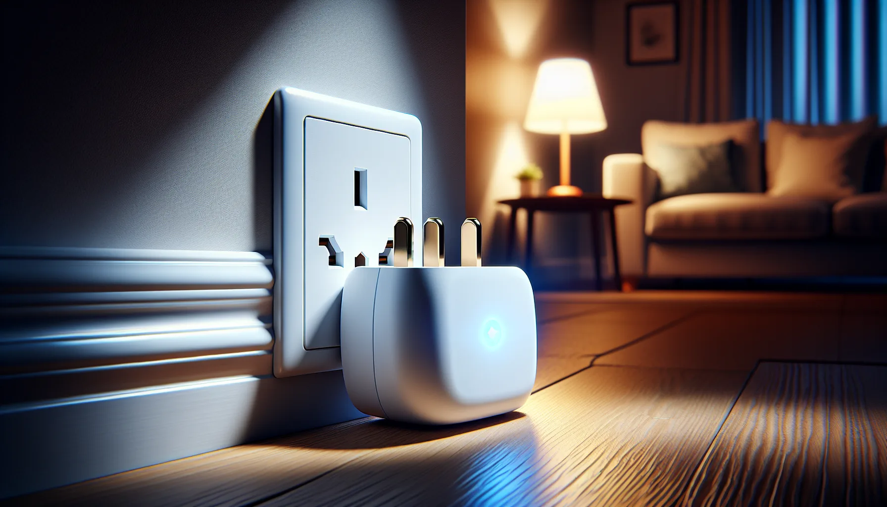 UK smart plug plugged into wall socket next to a lamp in a living room