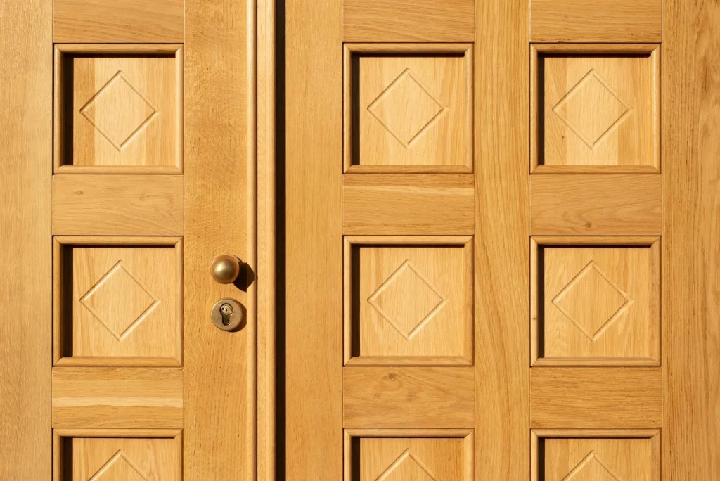 Modern front door entrance of a house with security features