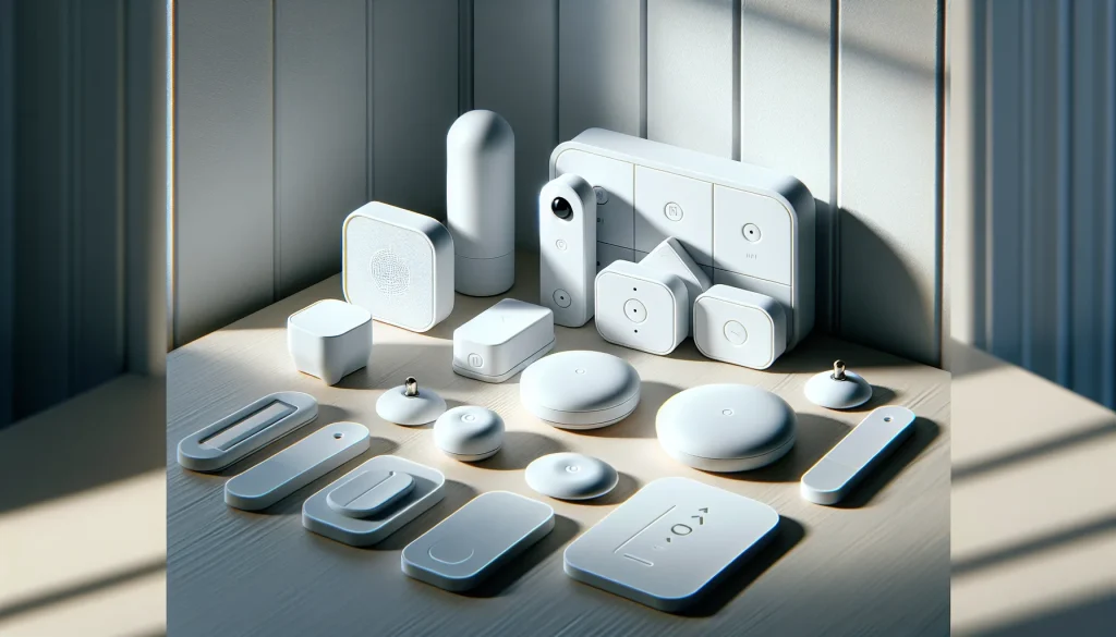 Collection of smart home alarm sensors including motion and door contact sensors
