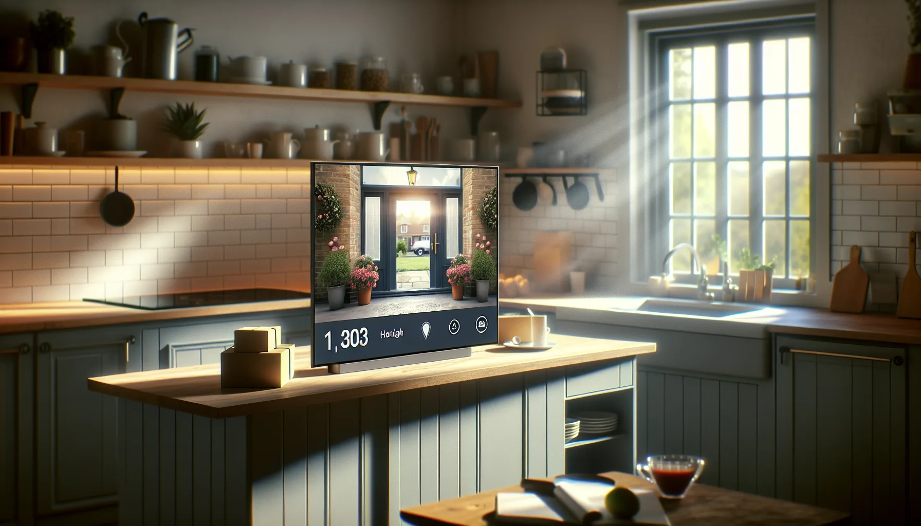 Smart display in a kitchen showing a doorbell camera live feed