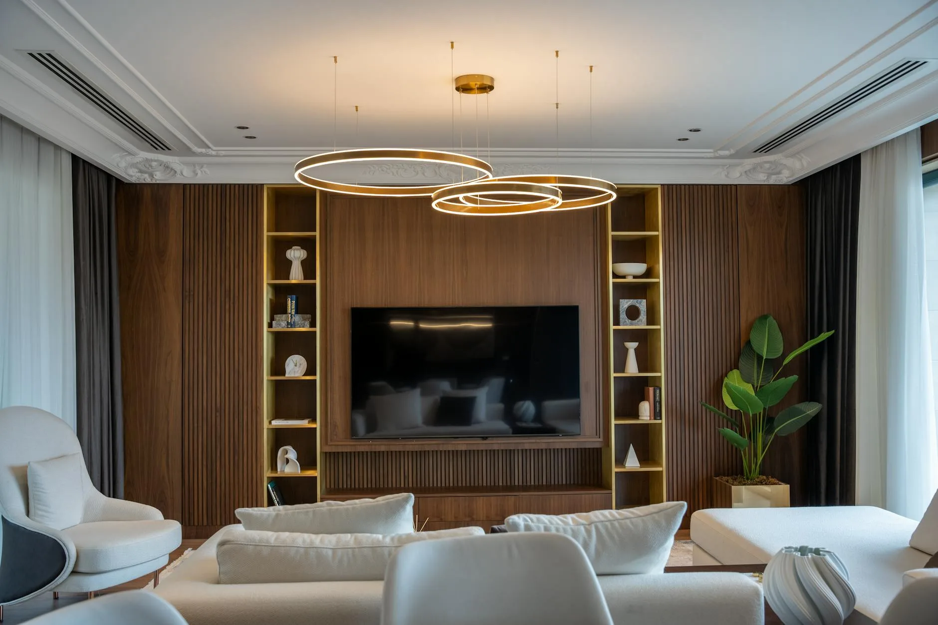 Living room with warm ambient smart lighting
