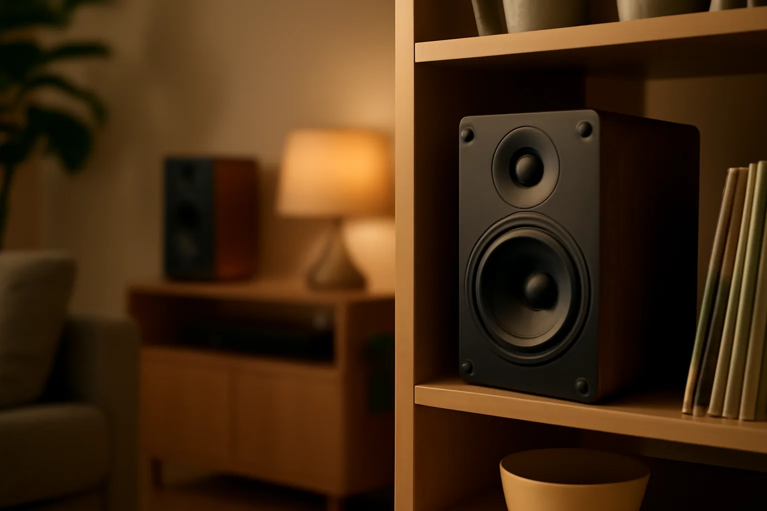 Bookshelf speaker in a living room music setup