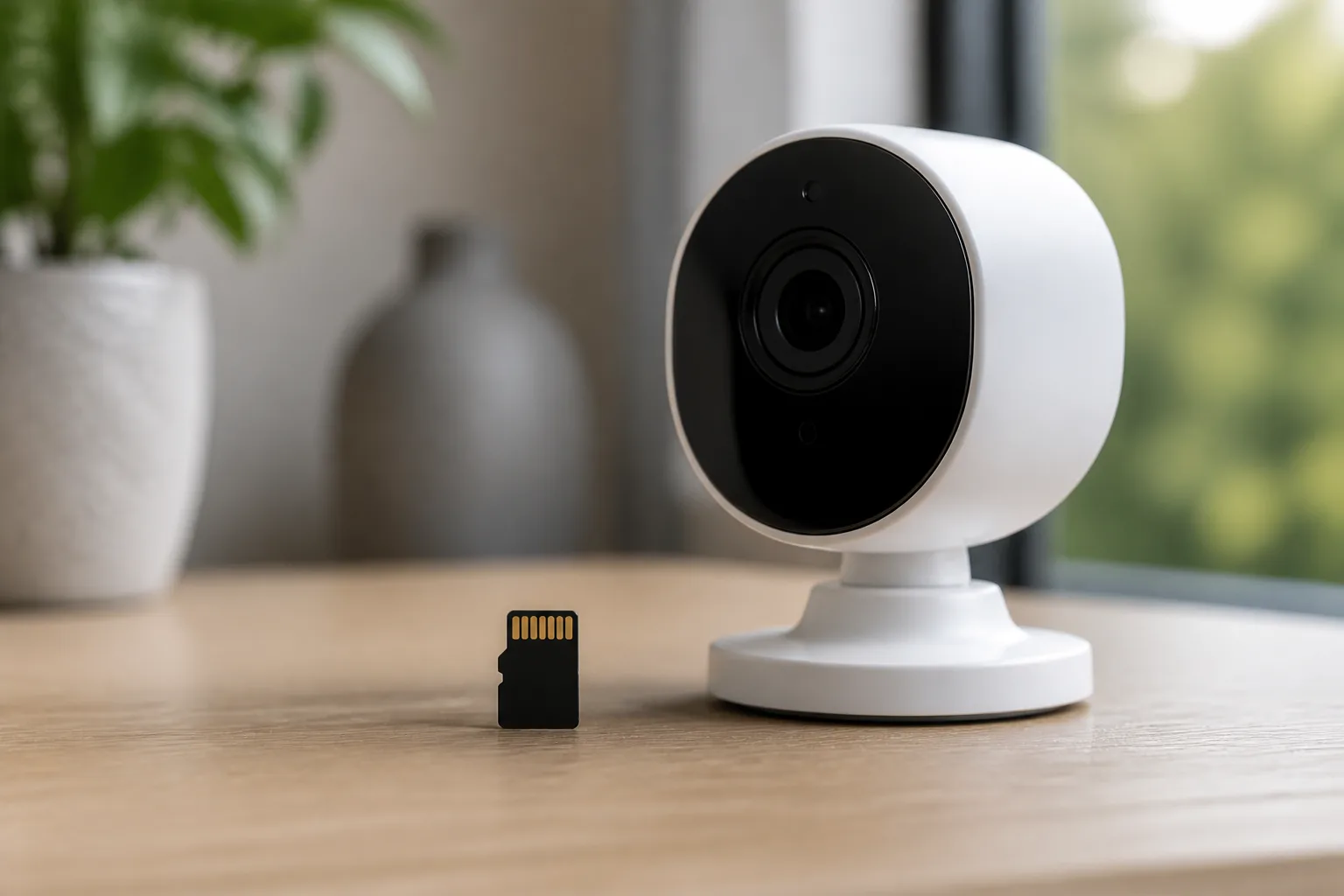 MicroSD card beside an indoor security camera for local footage storage