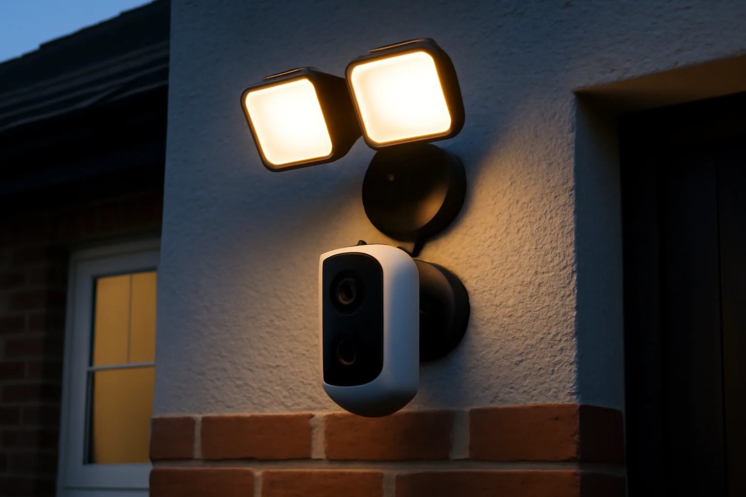 Outdoor security camera and motion light on a house wall