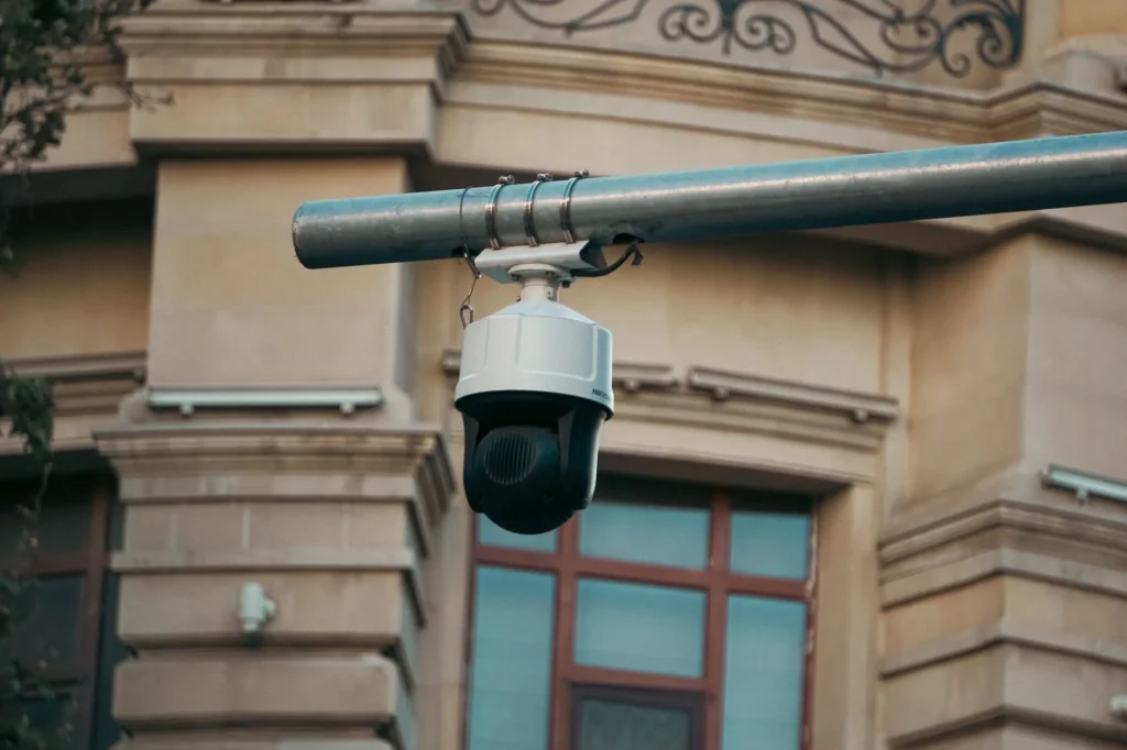 Outdoor security camera mounted for night vision coverage