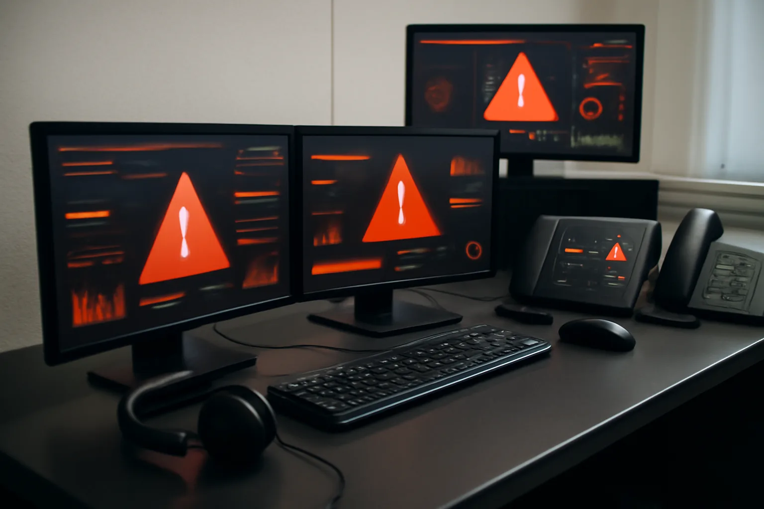 Security monitoring desk with home alarm alert screens