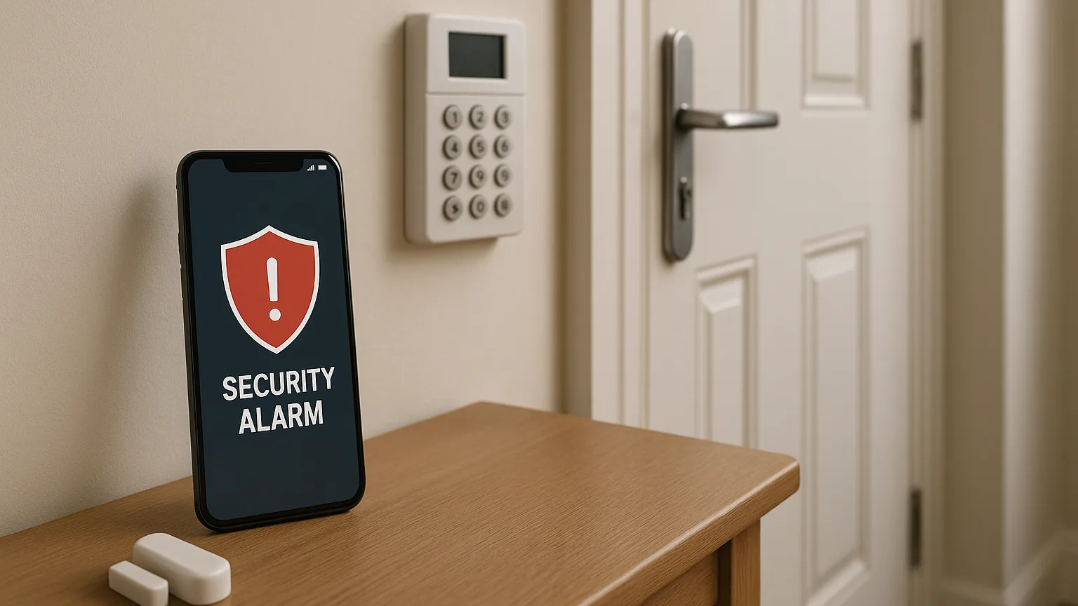 Smartphone home alarm alert beside a door sensor and keypad