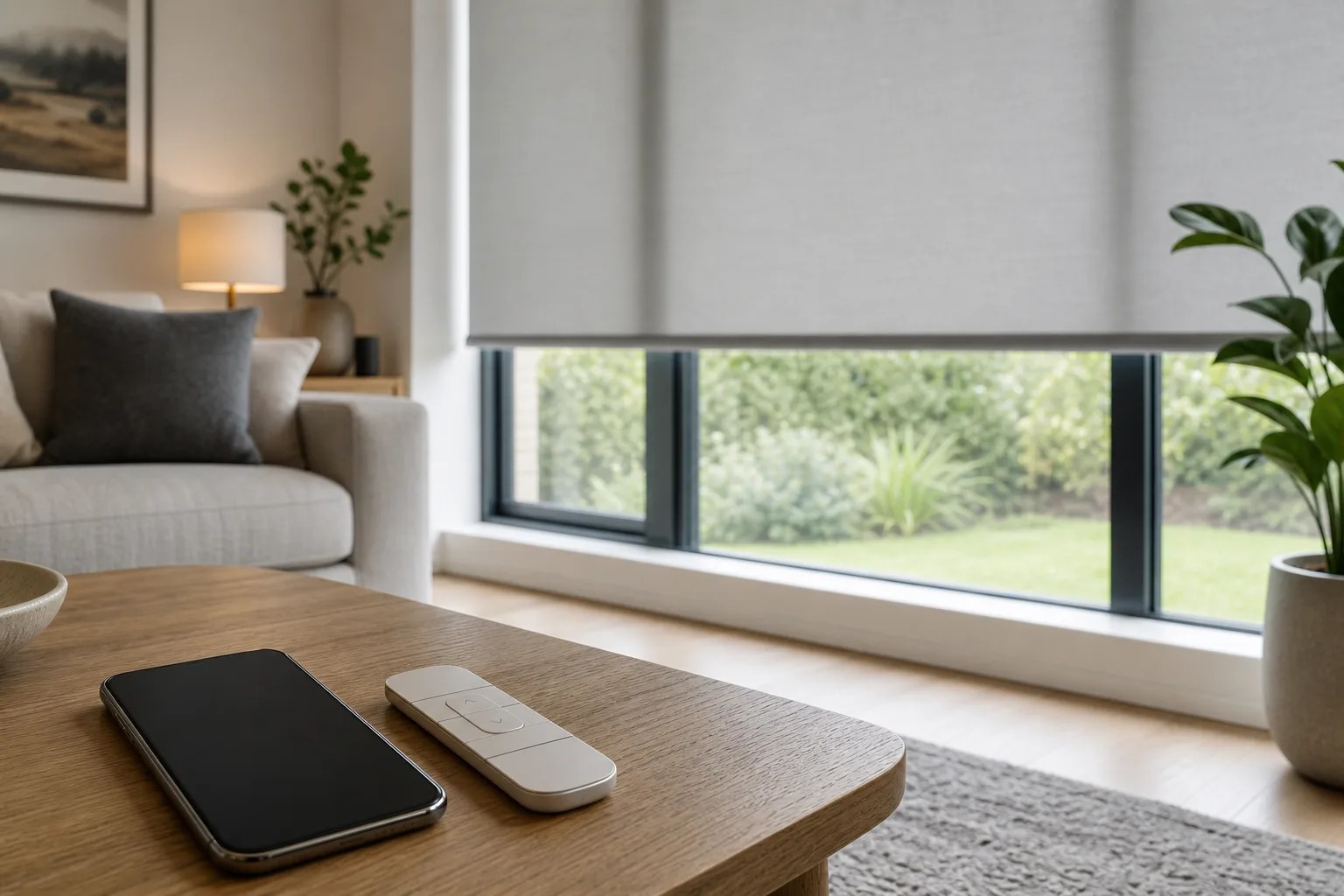 Remote control and phone beside motorised smart blinds