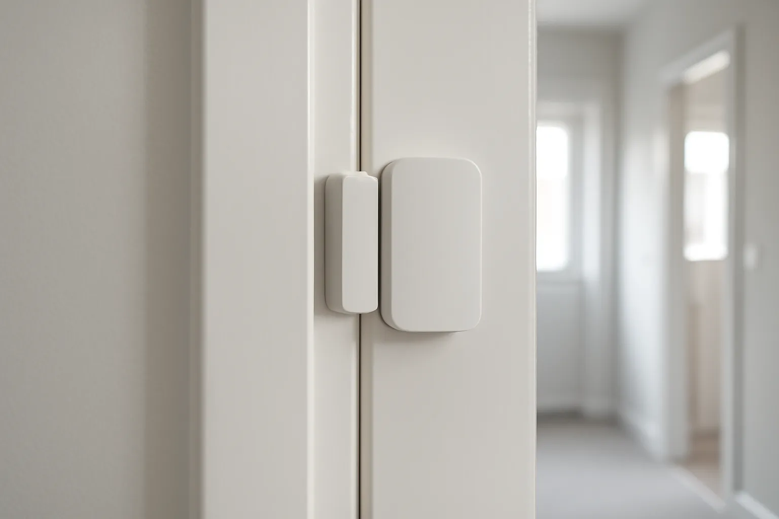 Smart door contact sensor aligned on a white interior door frame