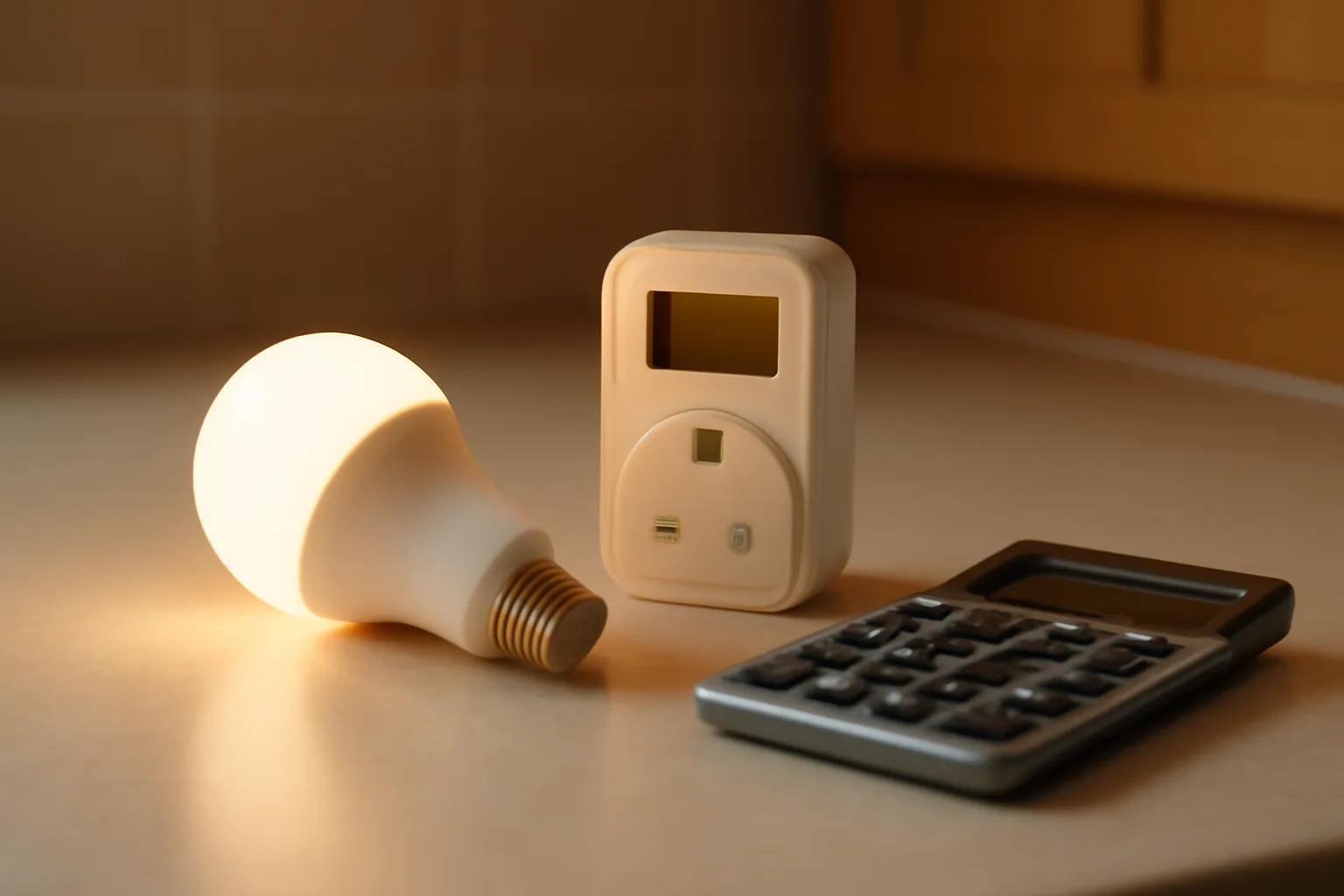 Smart light bulb beside energy monitor and calculator