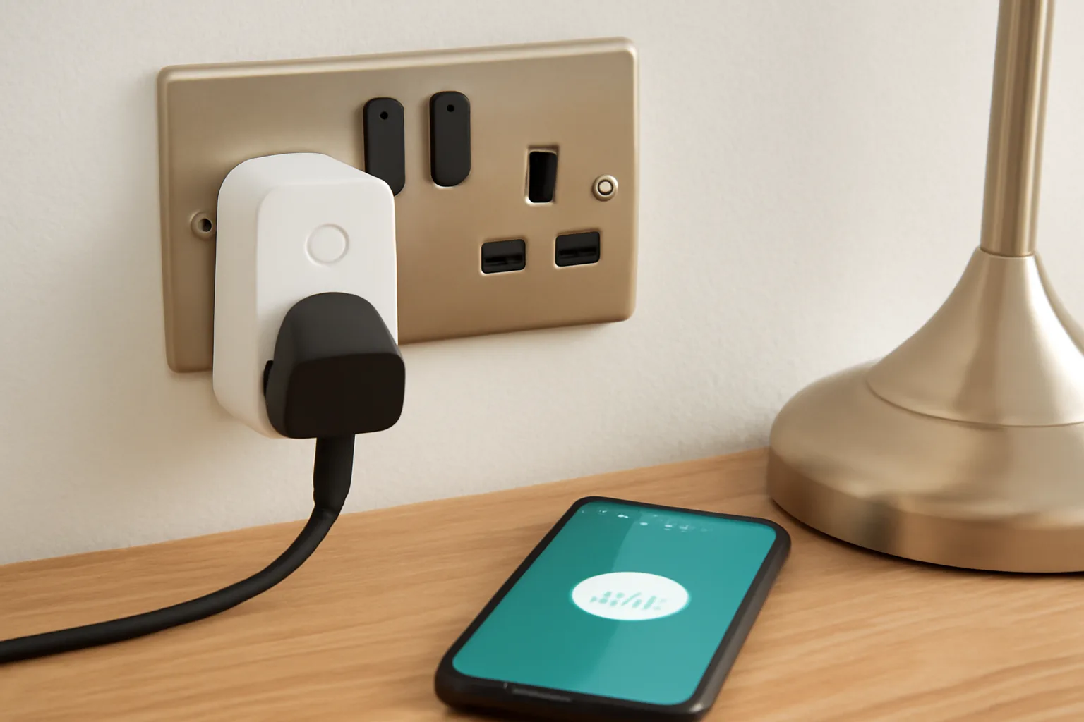 Phone app controlling a lamp through a smart plug in a UK living room