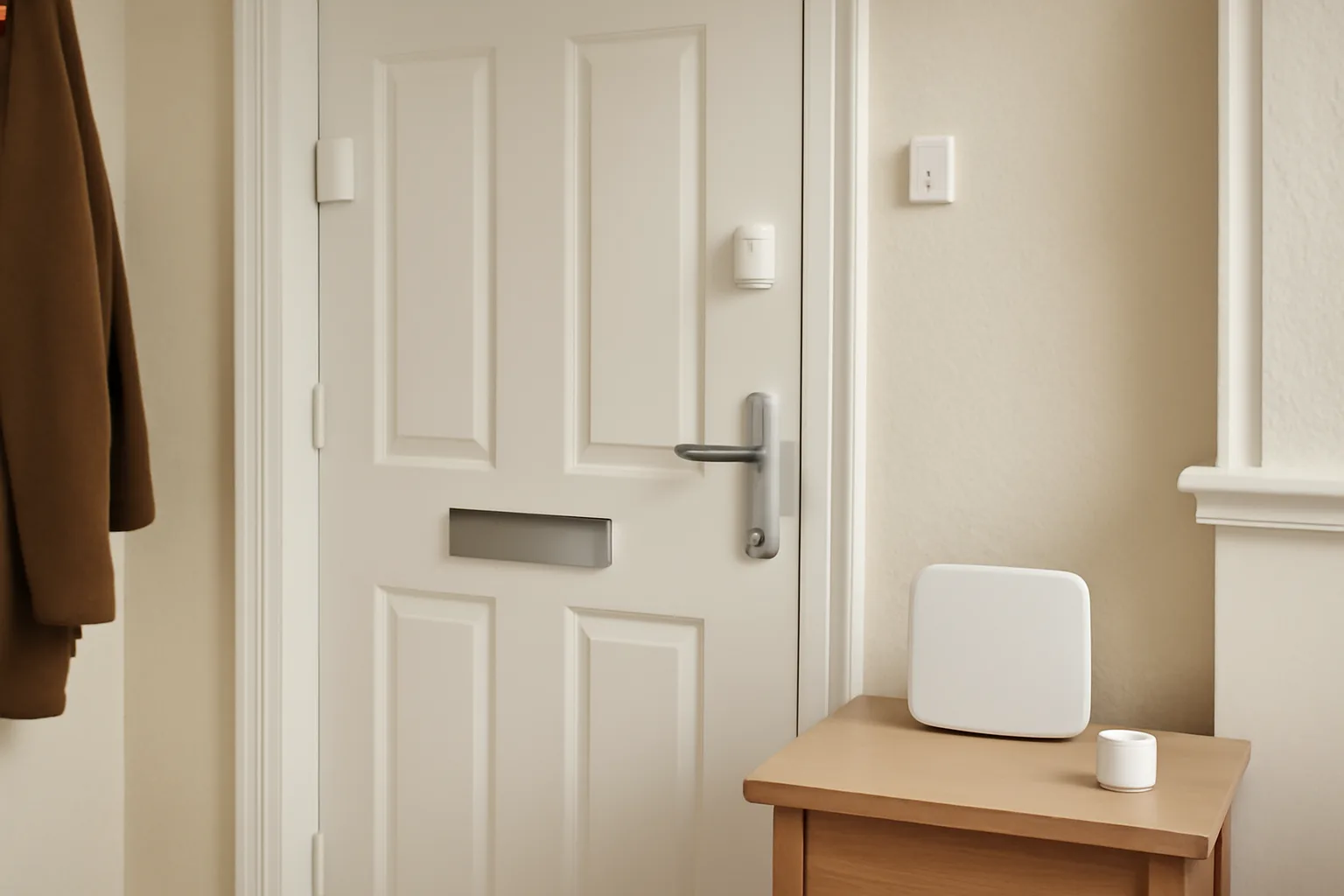 Door contact sensor and alarm hub used with geofencing smart home devices