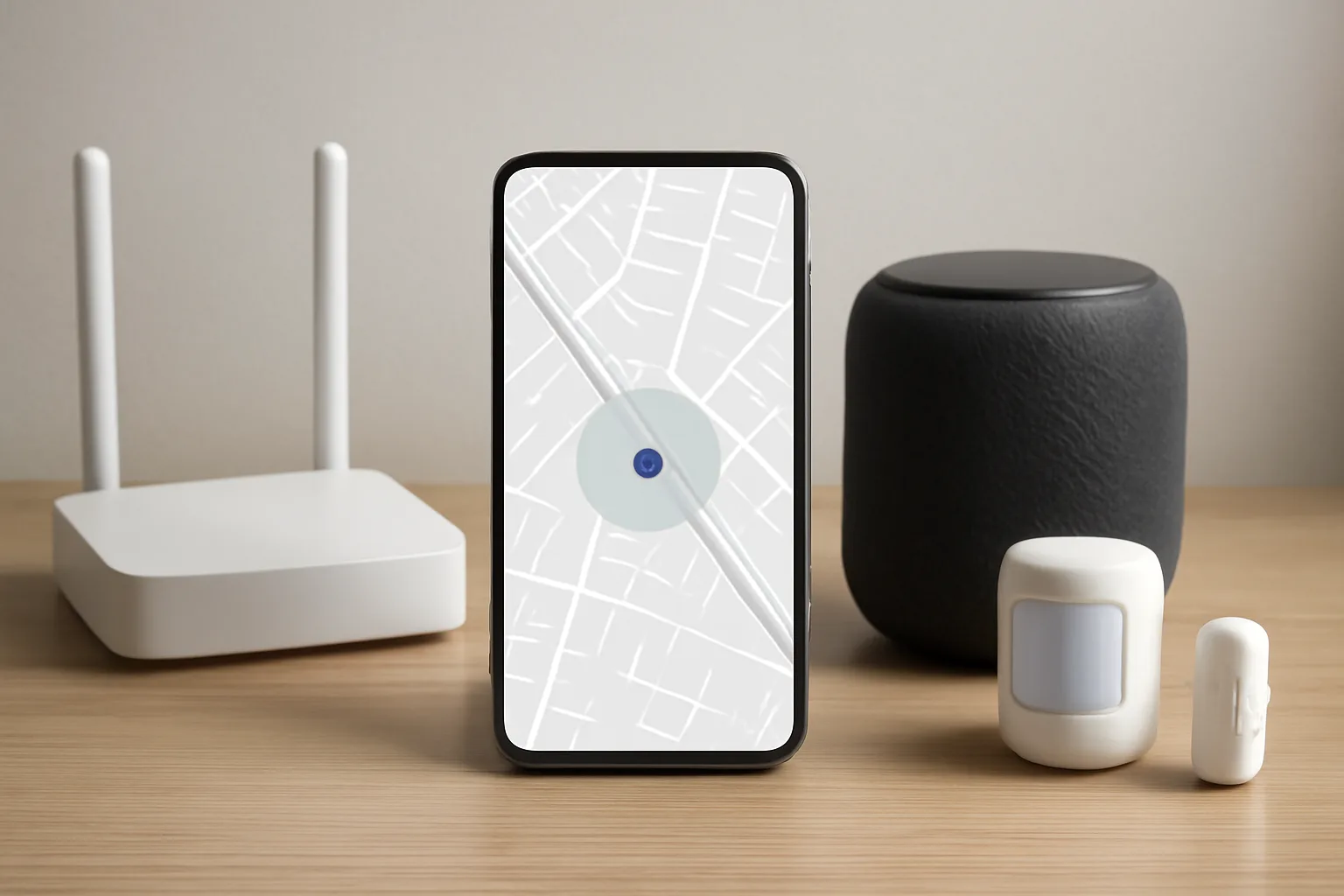 Phone location boundary beside smart home hub and sensors