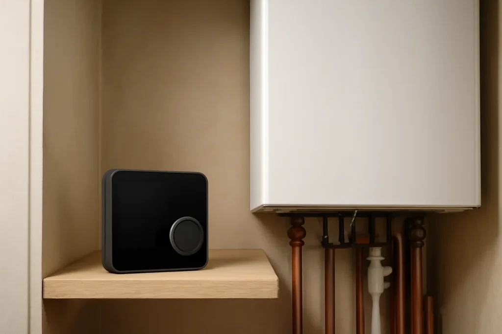Smart thermostat beside a UK boiler for compatibility checks