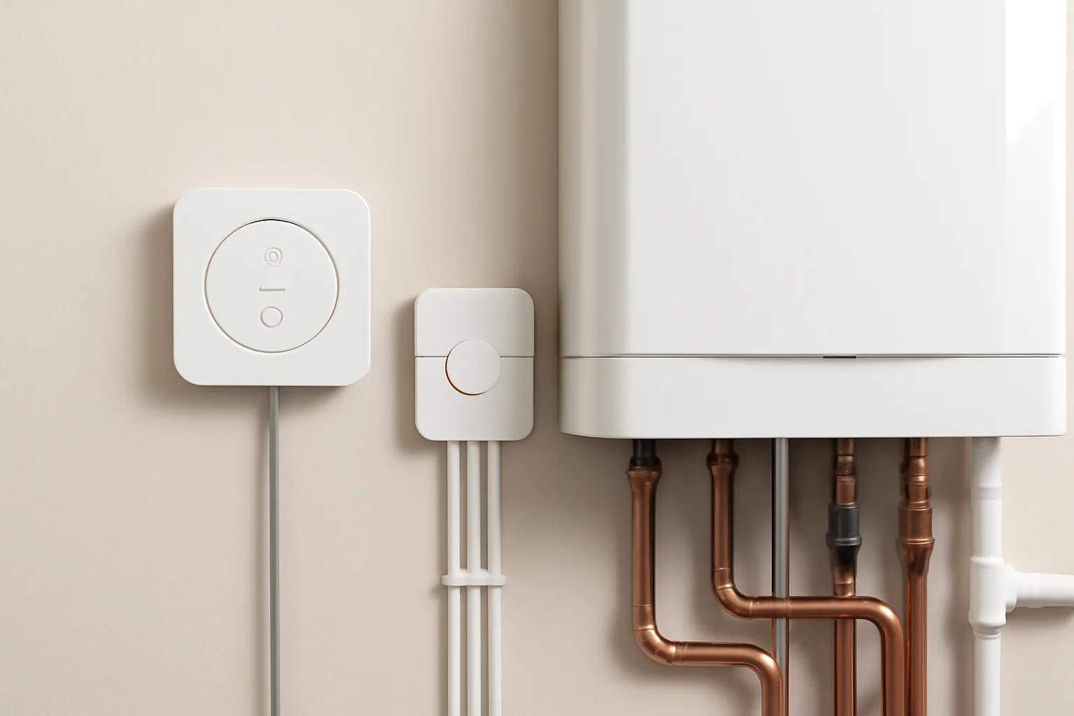 Smart thermostat receiver wiring beside a domestic boiler