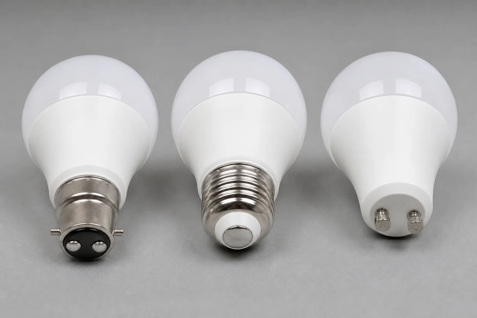 Close view of B22, E27 and GU10 smart bulb bases