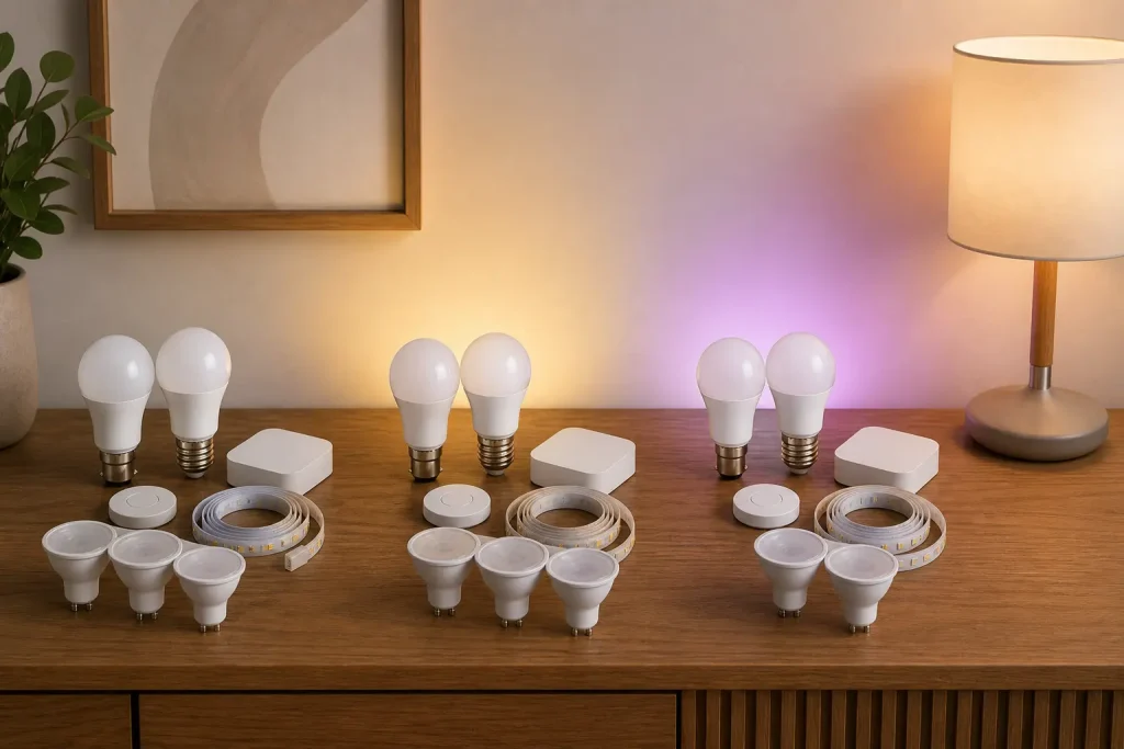 Smart lighting starter kits with bulbs, bridge, button and lightstrip