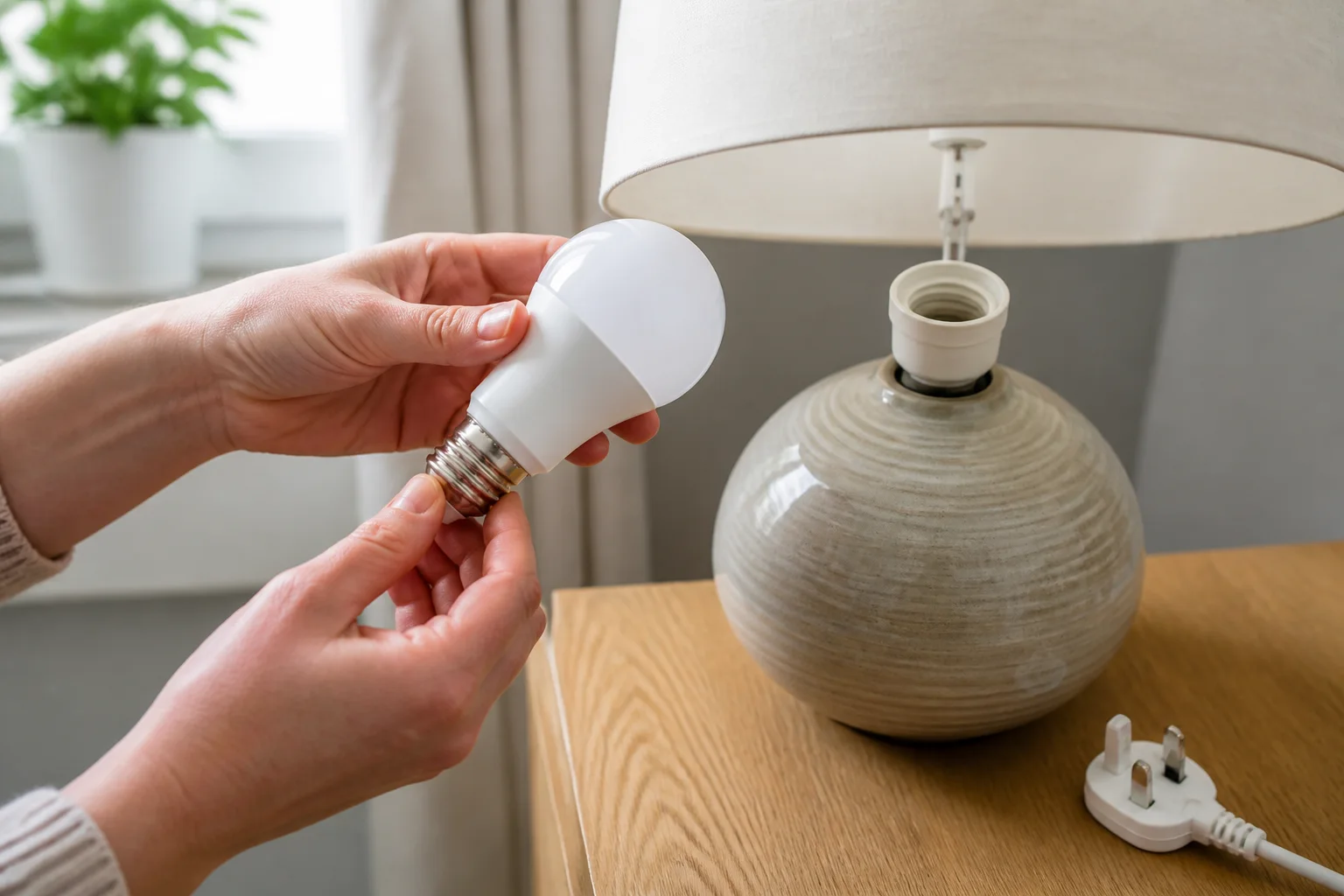 Checking a lamp bulb fitting beside an unplugged UK plug