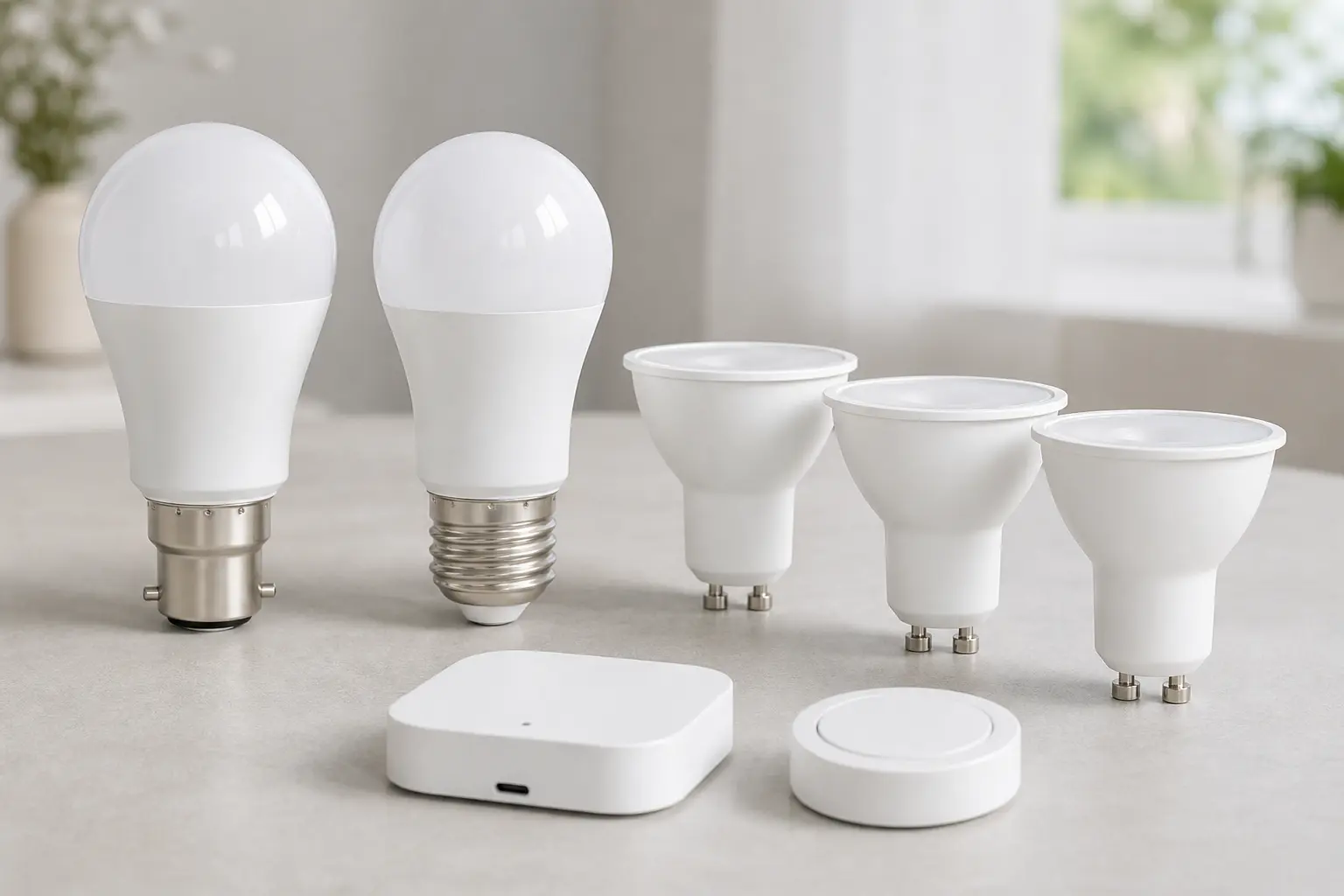 B22, E27 and GU10 smart bulbs beside a bridge and wireless button