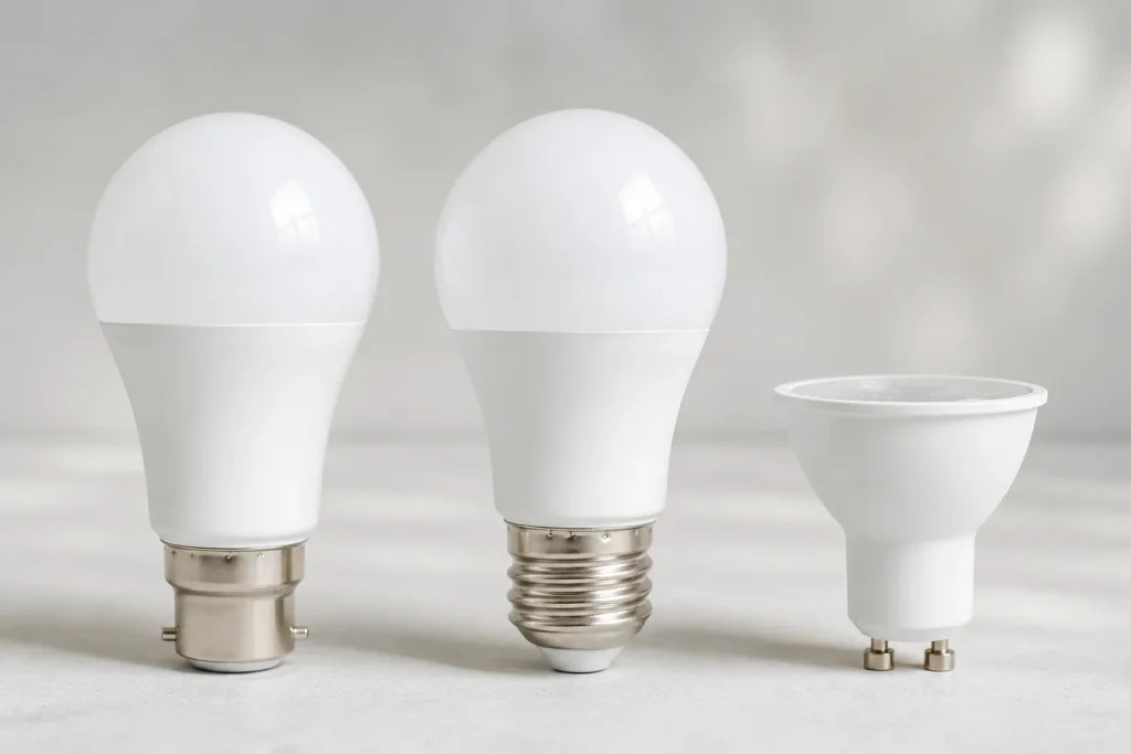B22, E27 and GU10 smart bulbs shown side by side