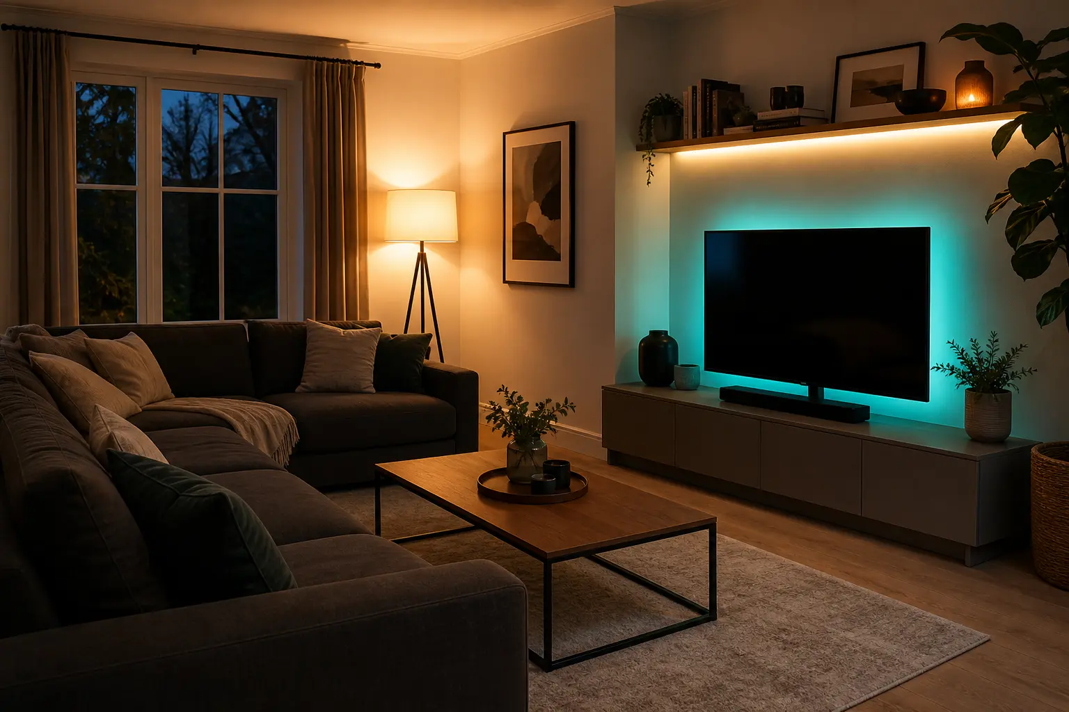 Living room with warm smart lamps and restrained colour accent lighting